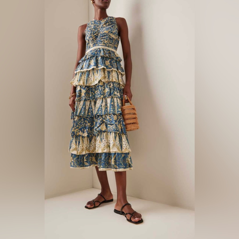Ulla Johnson Blue and Cream Tiered Ruffled Maxi Dress - Picture 8 of 16
